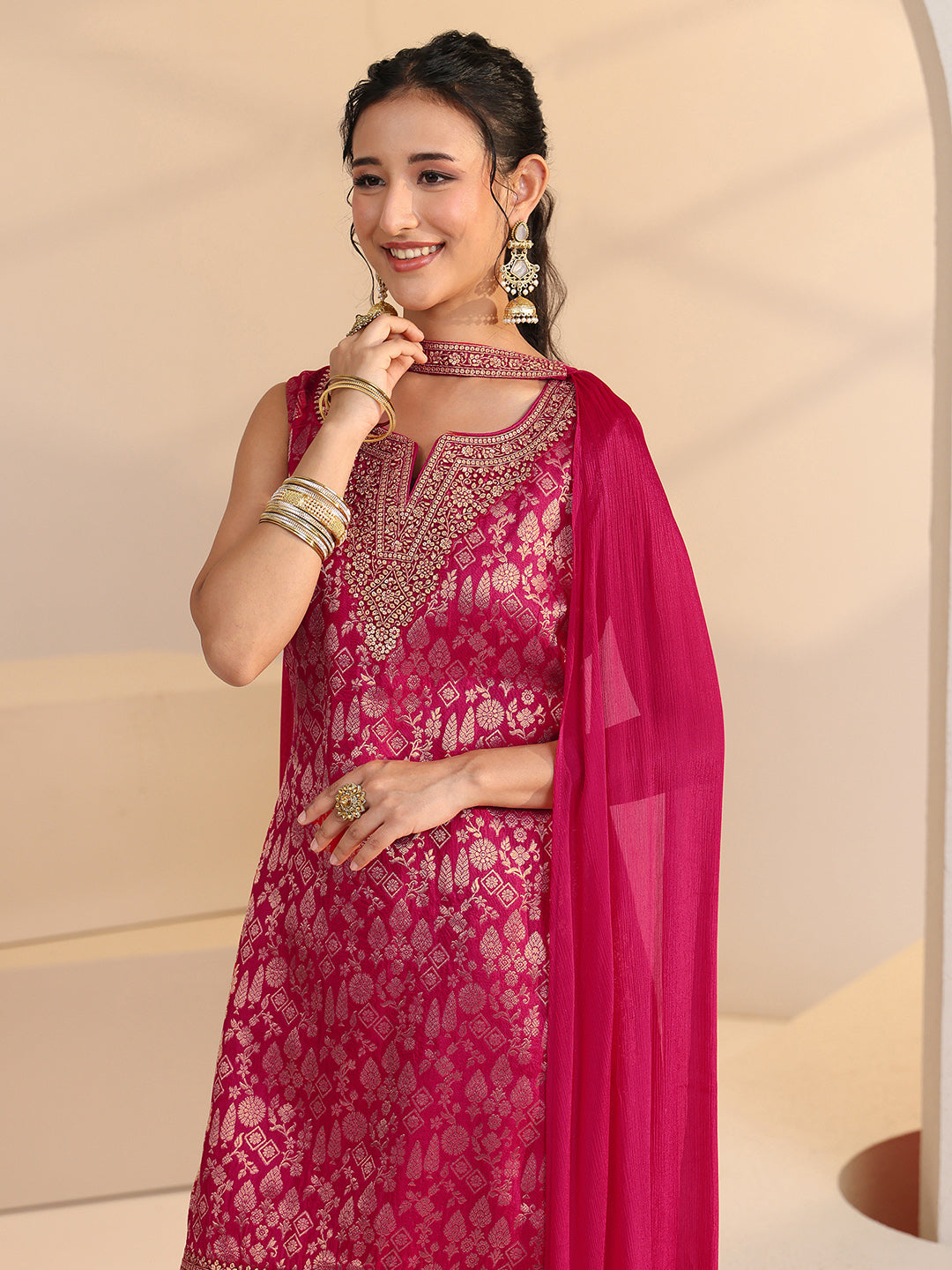 Mameraa Rani Pink Woven Design Silk Blend Palazzo Suit Set