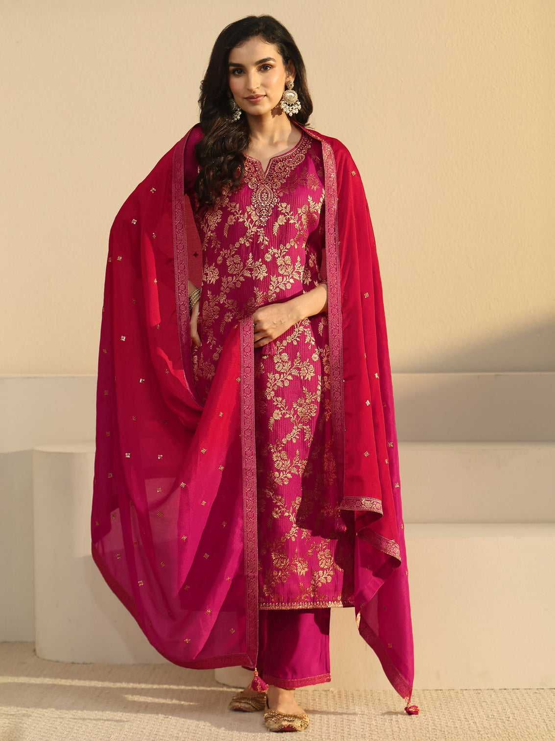 Mameraa Rani Pink Floral Embroidered Silk Blend Straight Suit Set