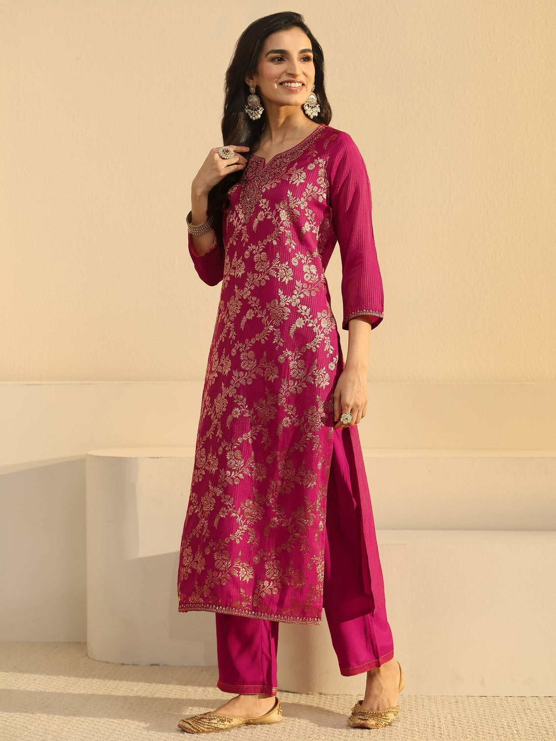 Mameraa Rani Pink Floral Embroidered Silk Blend Straight Suit Set