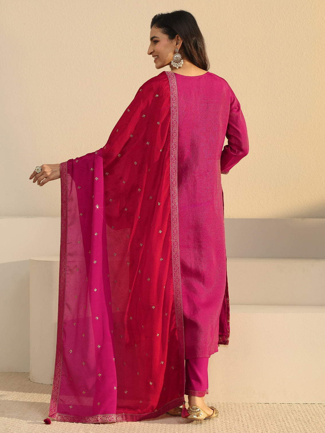 Mameraa Rani Pink Floral Embroidered Silk Blend Straight Suit Set