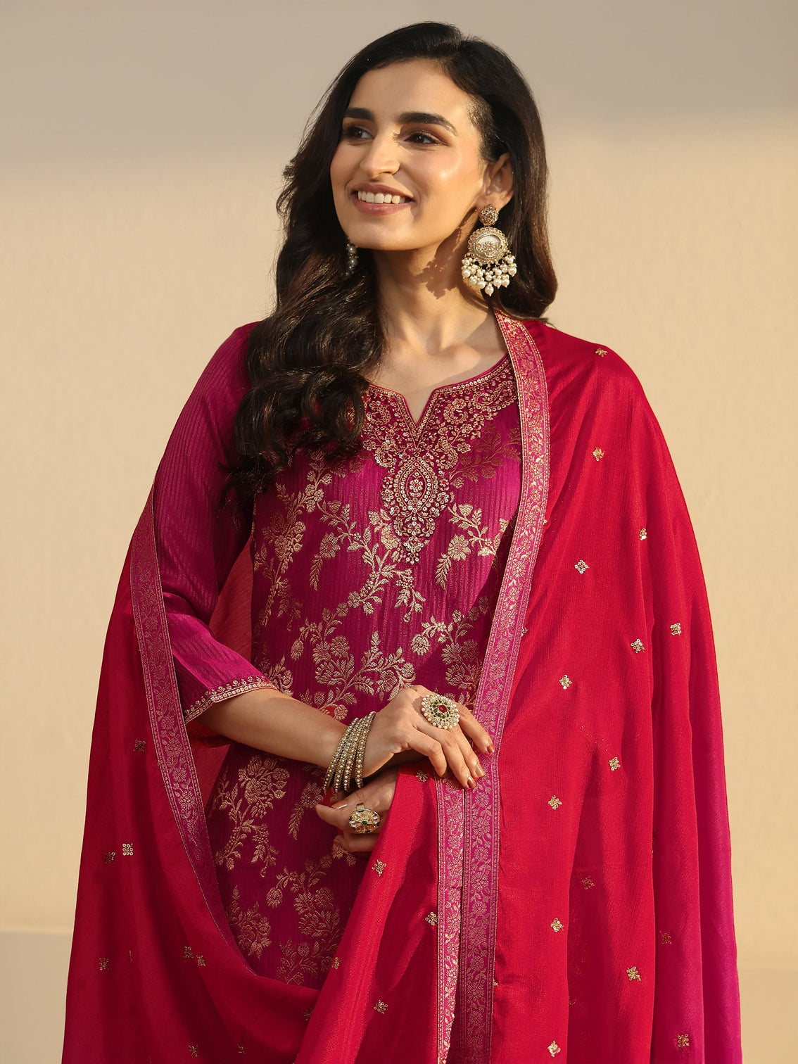 Mameraa Rani Pink Floral Embroidered Silk Blend Straight Suit Set