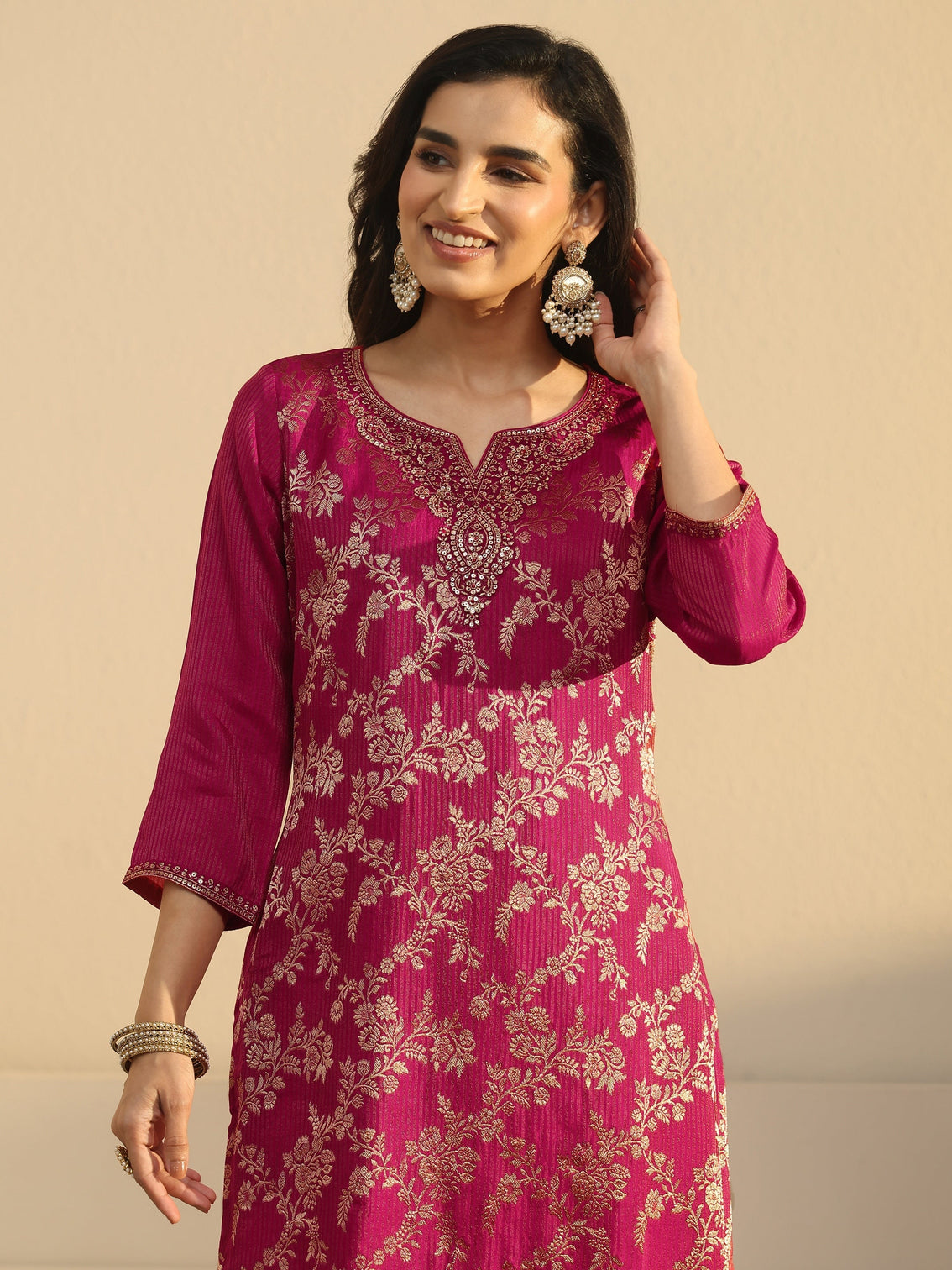 Mameraa Rani Pink Floral Embroidered Silk Blend Straight Suit Set