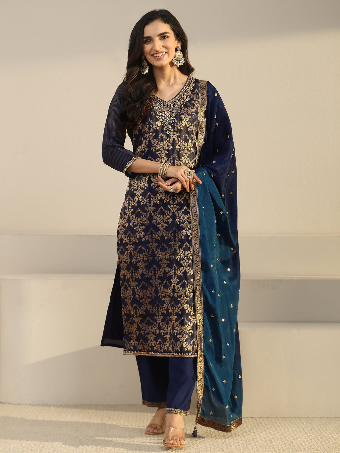 Mameraa Navy Blue Floral Embroidered Silk Blend Straight Suit Set