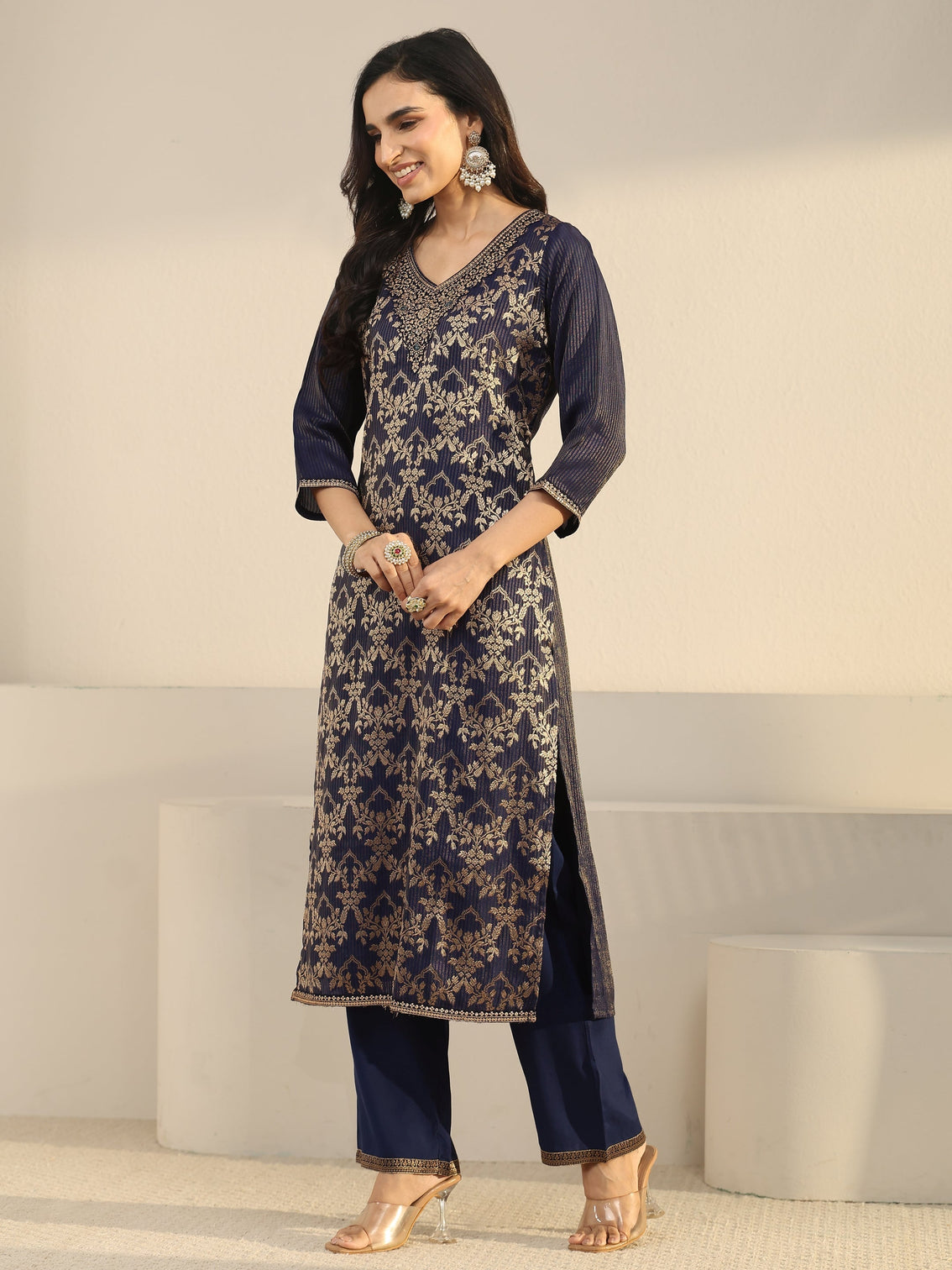 Mameraa Navy Blue Floral Embroidered Silk Blend Straight Suit Set