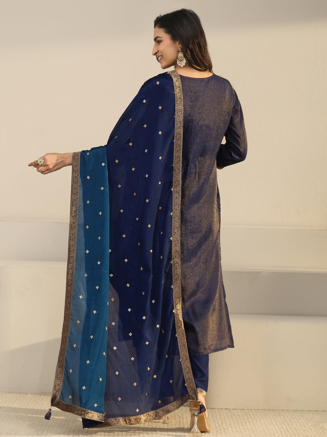 Mameraa Navy Blue Floral Embroidered Silk Blend Straight Suit Set