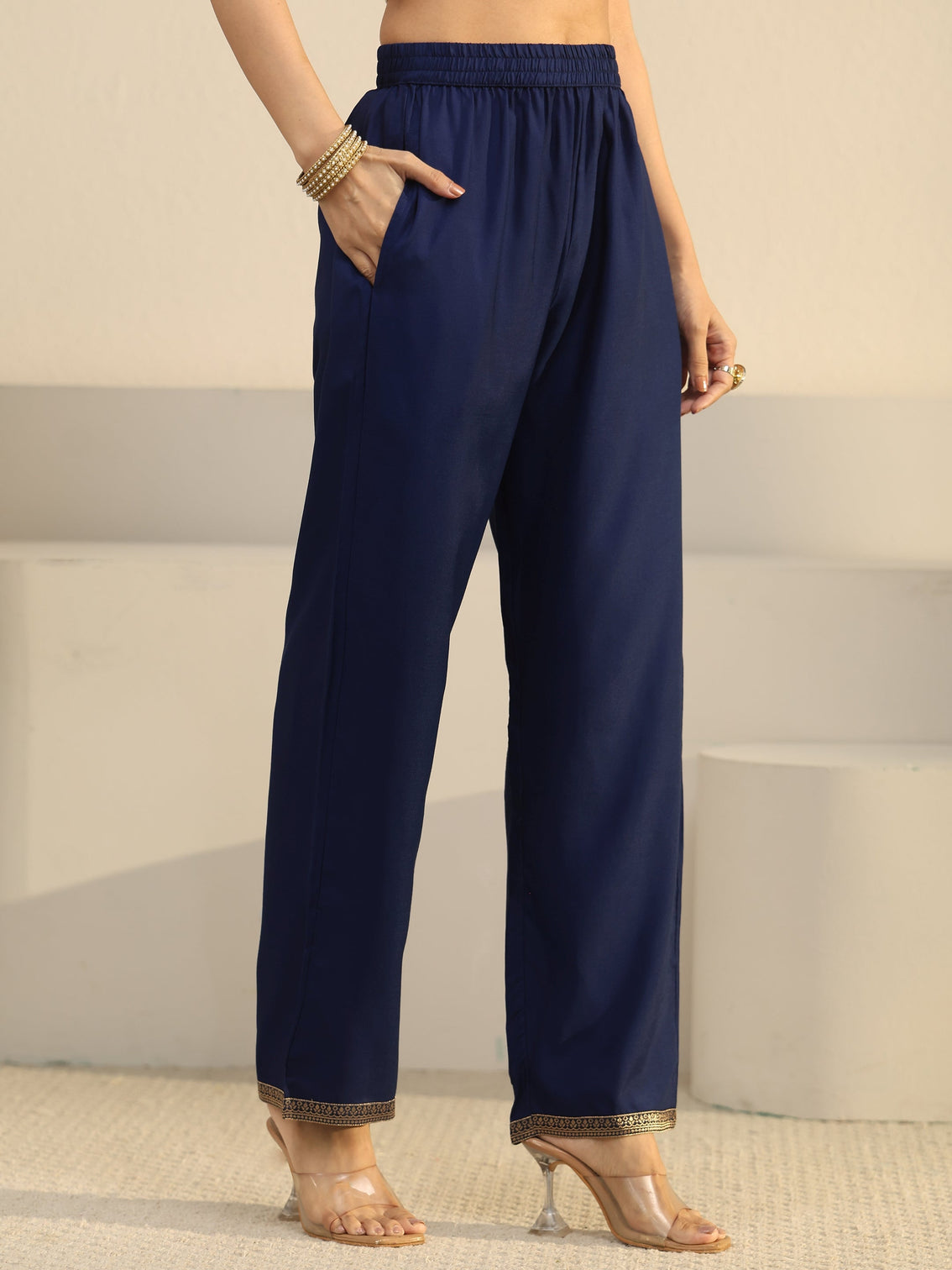 Mameraa Navy Blue Floral Embroidered Silk Blend Straight Suit Set