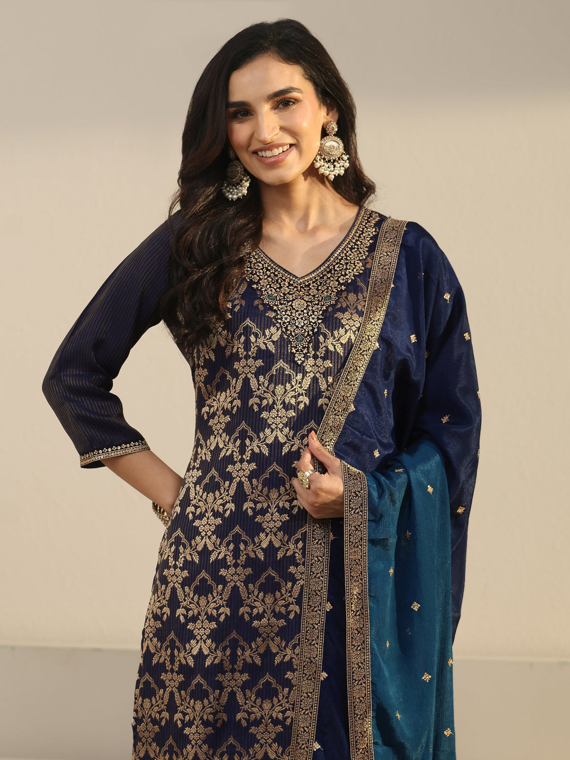 Mameraa Navy Blue Floral Embroidered Silk Blend Straight Suit Set
