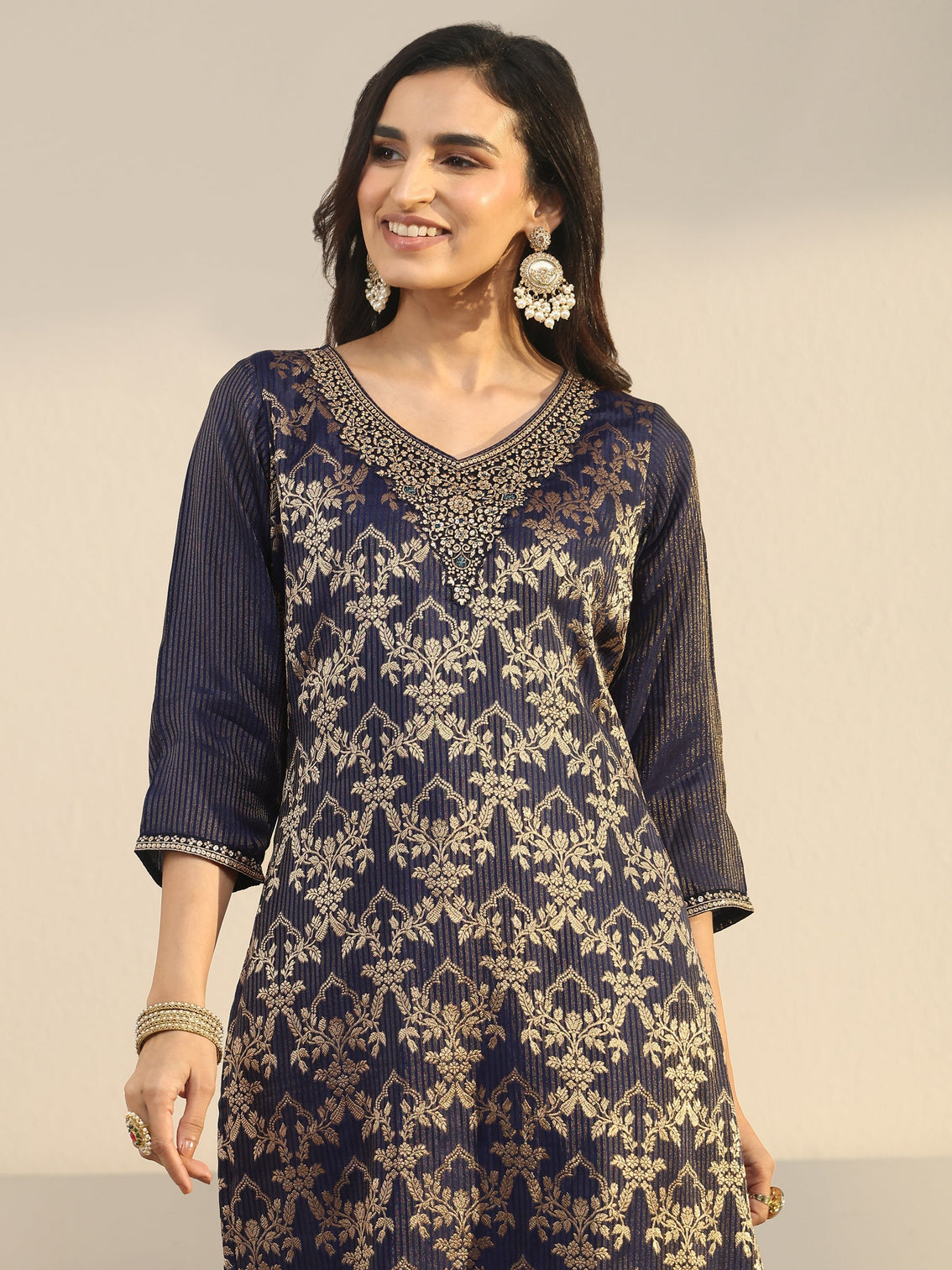 Mameraa Navy Blue Floral Embroidered Silk Blend Straight Suit Set