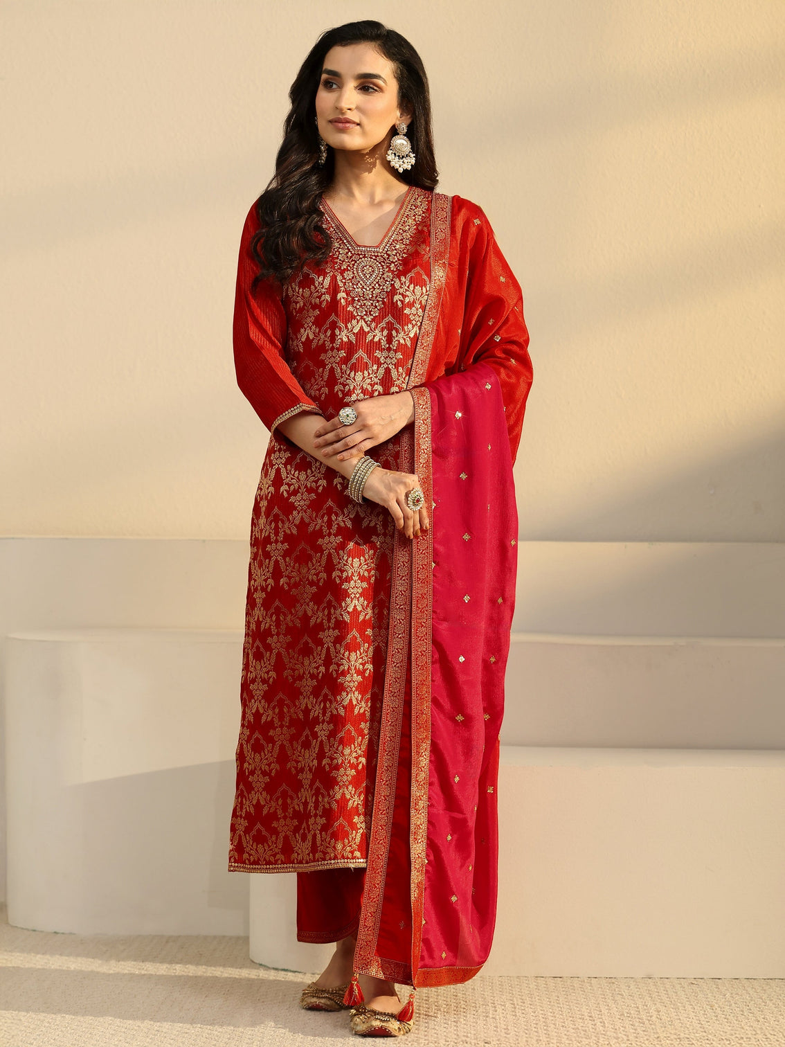 Mameraa Orange Floral Embroidered Silk Blend Straight Suit Set