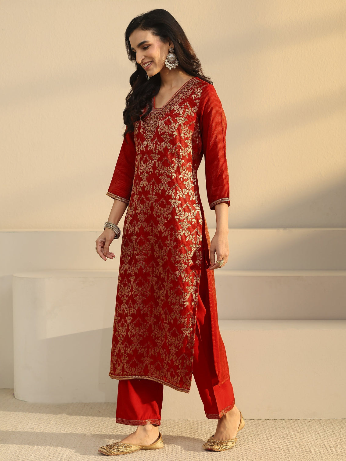 Mameraa Orange Floral Embroidered Silk Blend Straight Suit Set