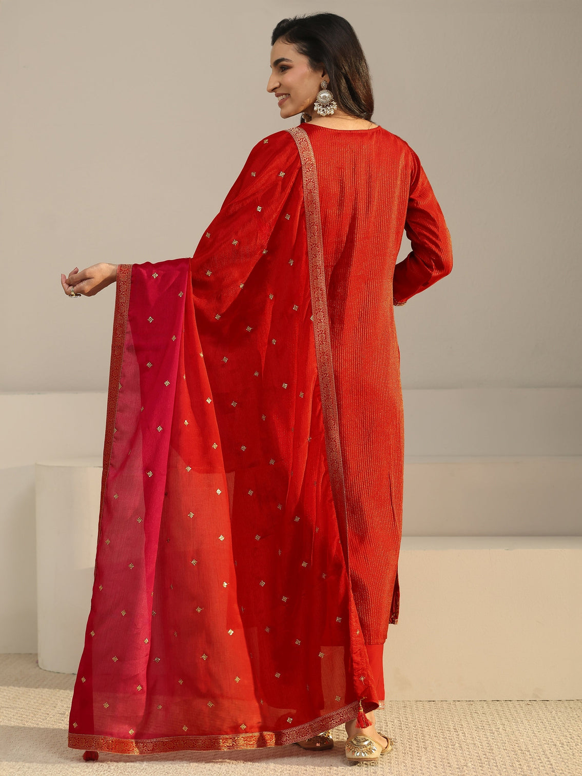 Mameraa Orange Floral Embroidered Silk Blend Straight Suit Set