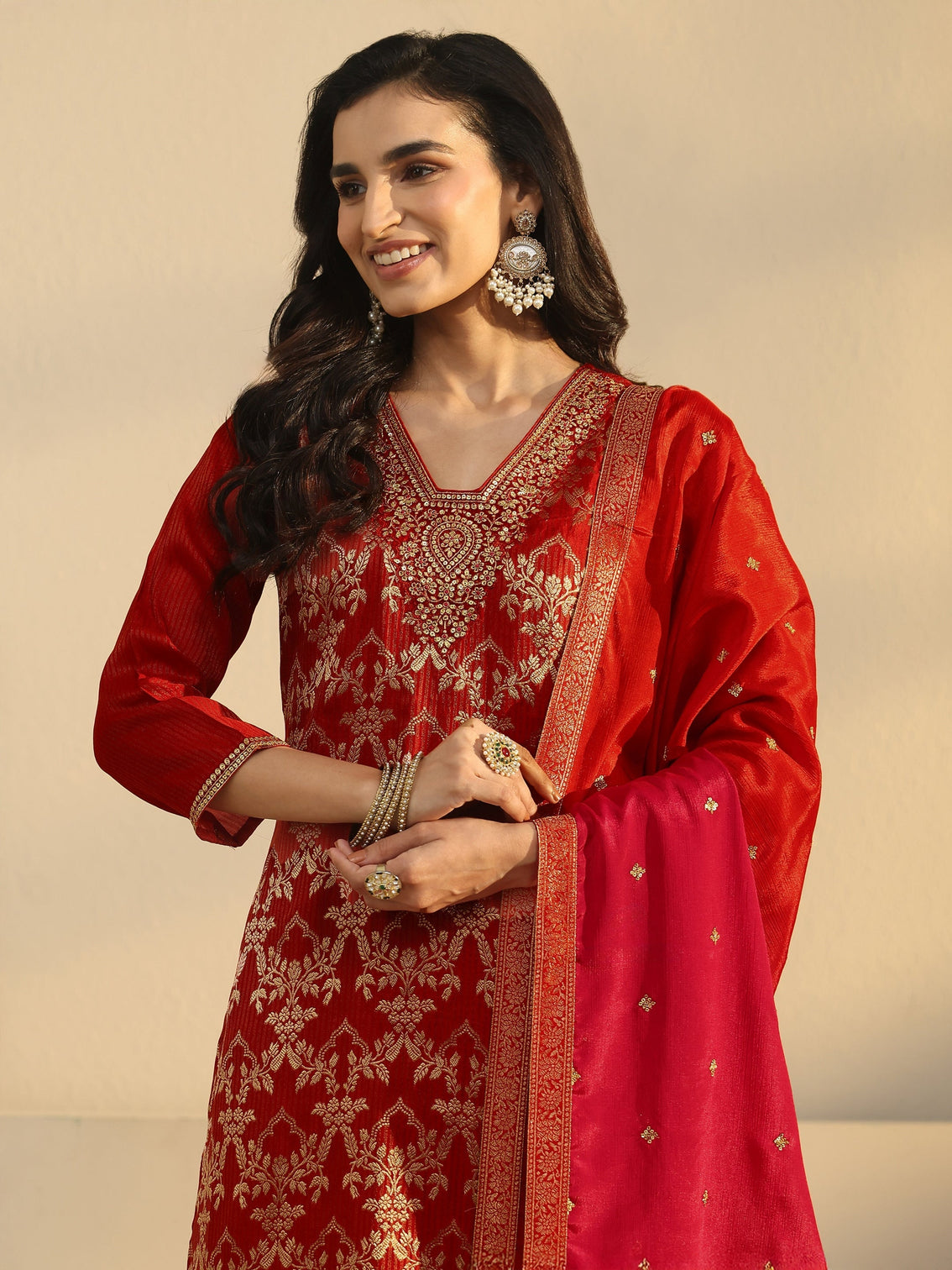 Mameraa Orange Floral Embroidered Silk Blend Straight Suit Set