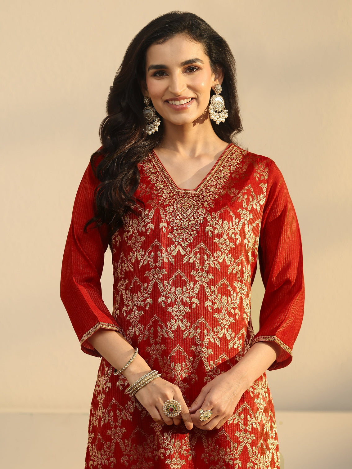 Mameraa Orange Floral Embroidered Silk Blend Straight Suit Set