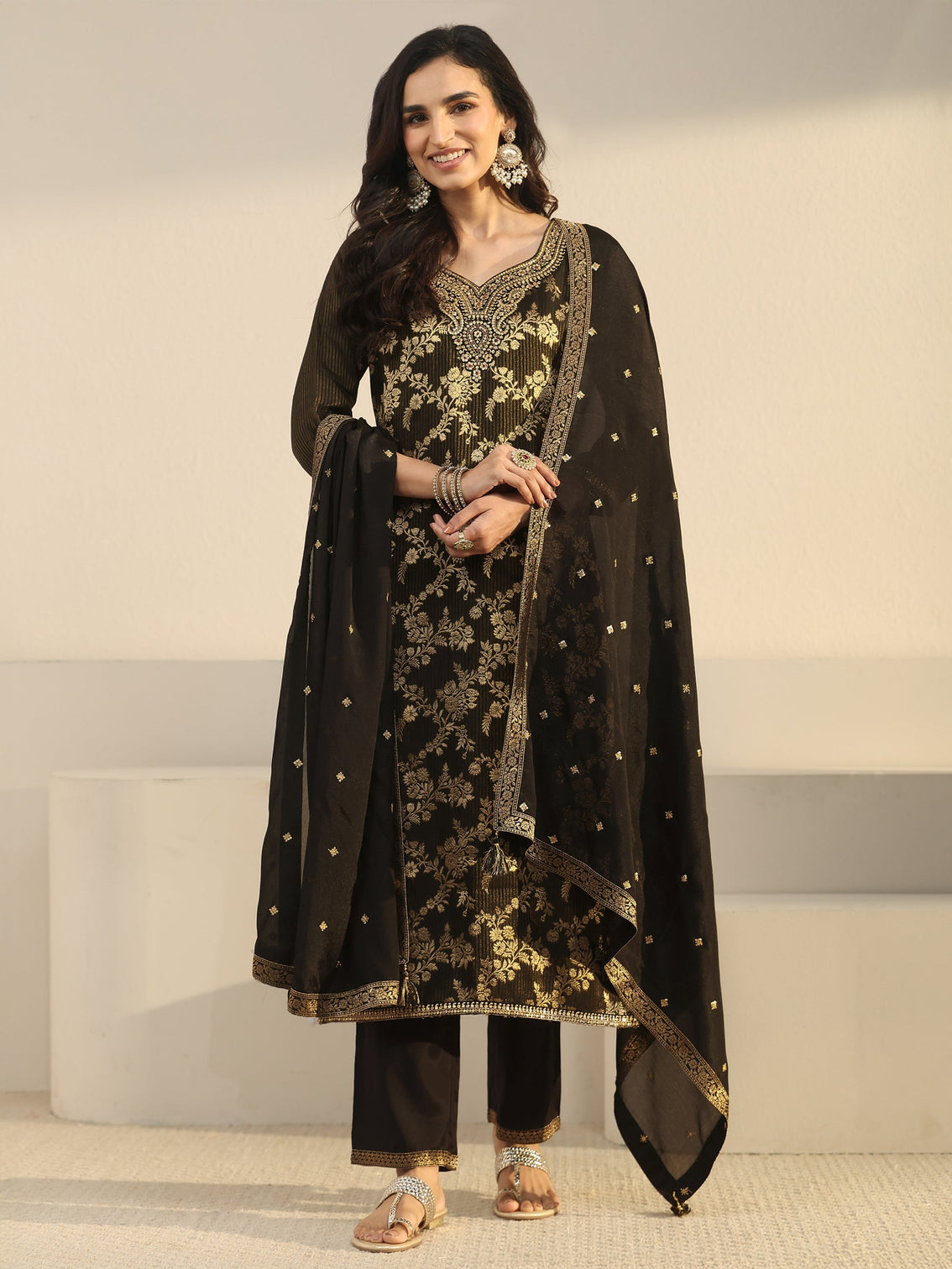 Mameraa Black Floral Embroidered Silk Blend Straight Suit Set