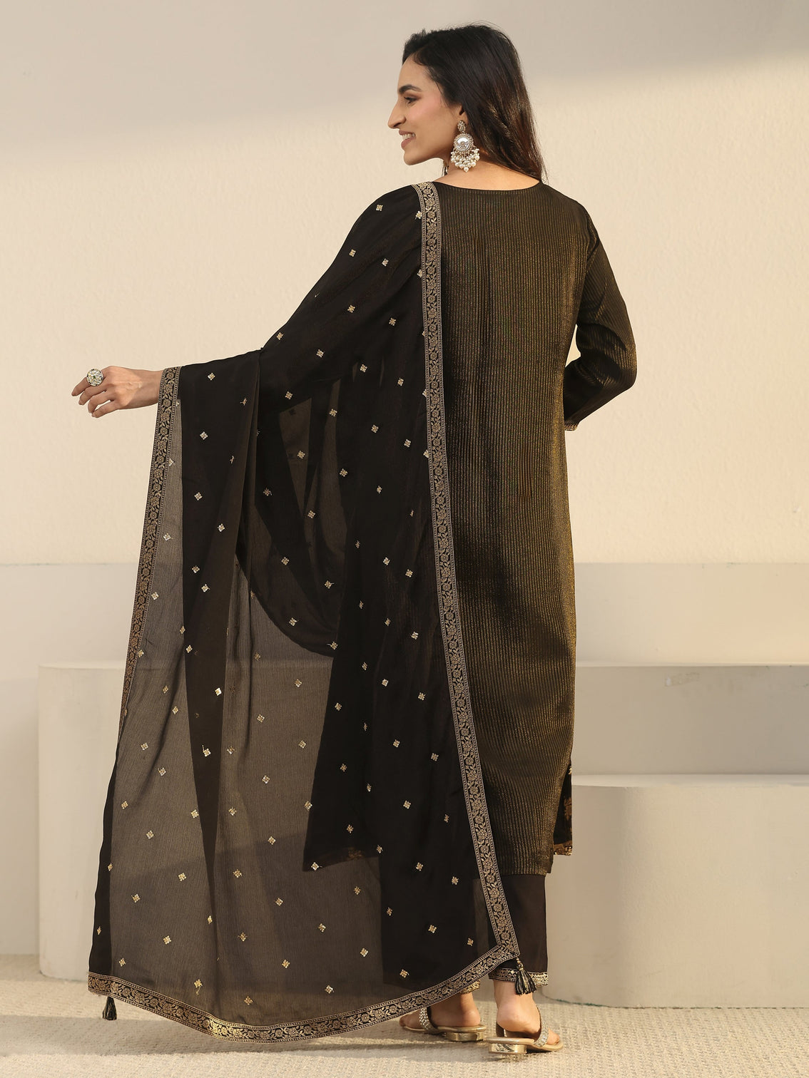 Mameraa Black Floral Embroidered Silk Blend Straight Suit Set