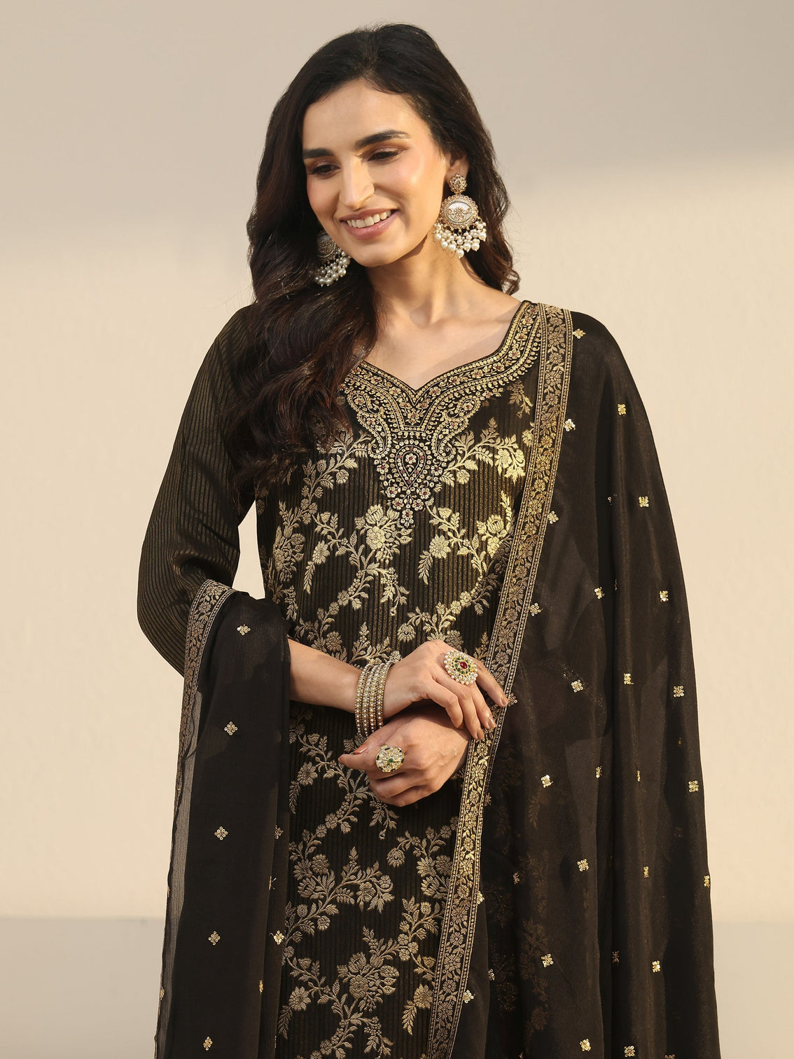 Mameraa Black Floral Embroidered Silk Blend Straight Suit Set
