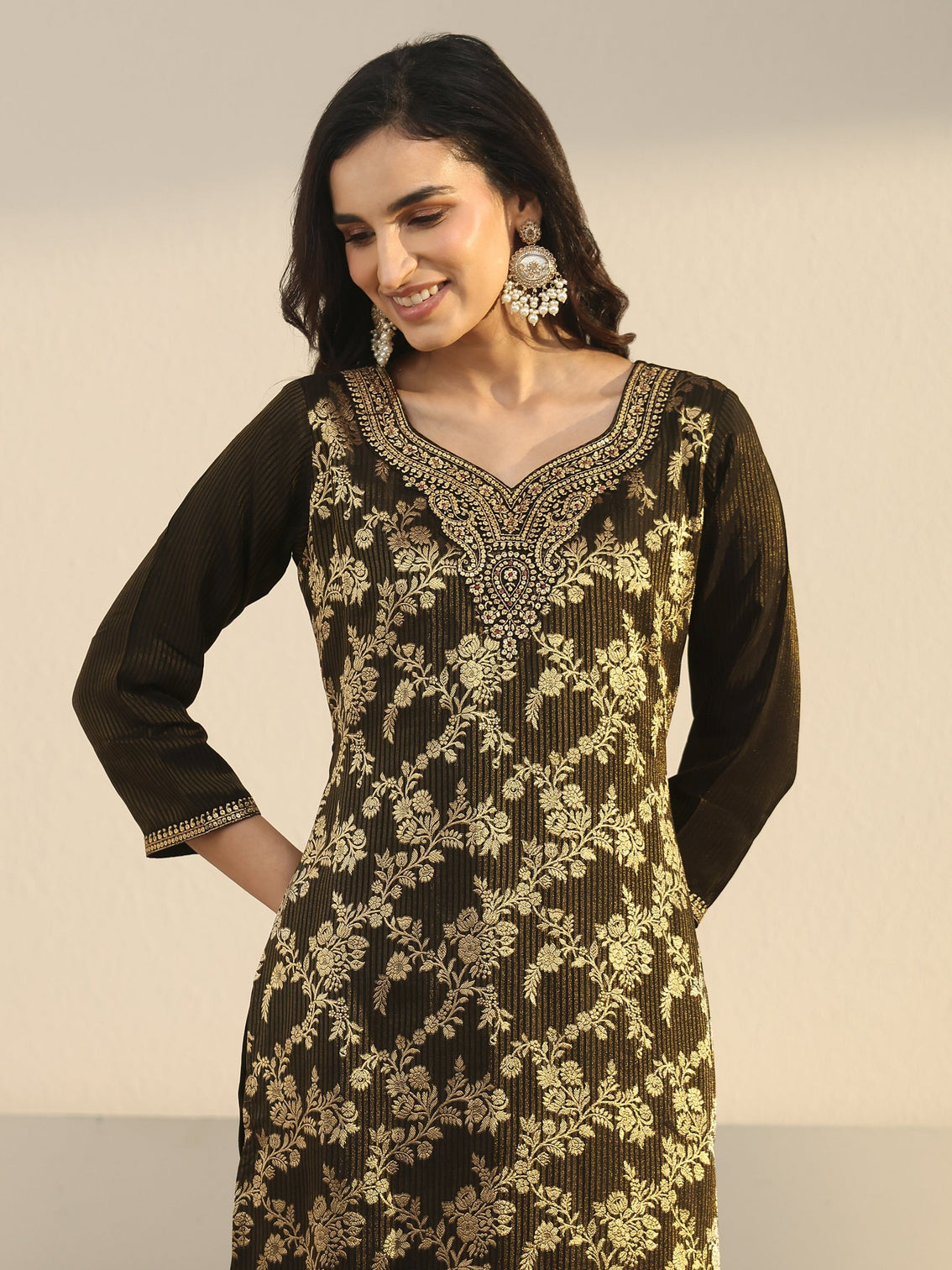 Mameraa Black Floral Embroidered Silk Blend Straight Suit Set