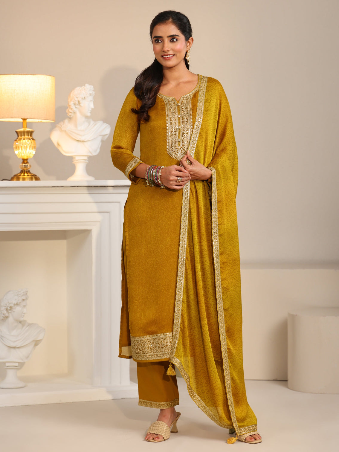 Mameraa Mustard Floral Embellished Chinon Straight Suit Set