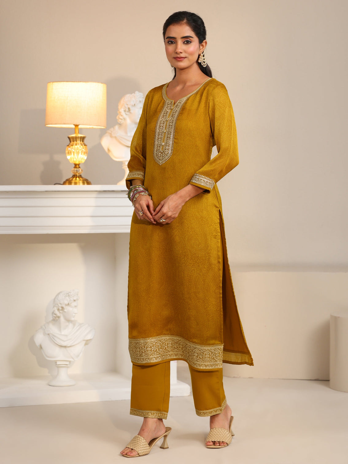 Mameraa Mustard Floral Embellished Chinon Straight Suit Set