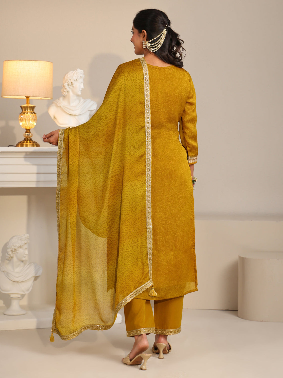 Mameraa Mustard Floral Embellished Chinon Straight Suit Set
