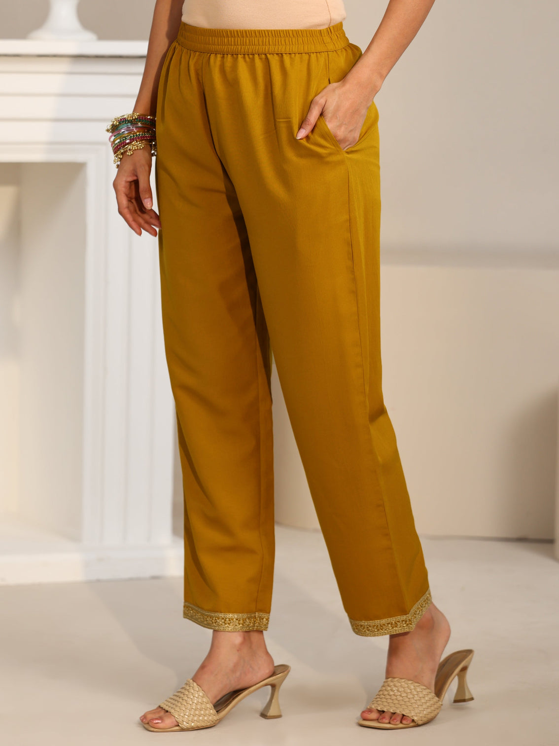 Mameraa Mustard Floral Embellished Chinon Straight Suit Set