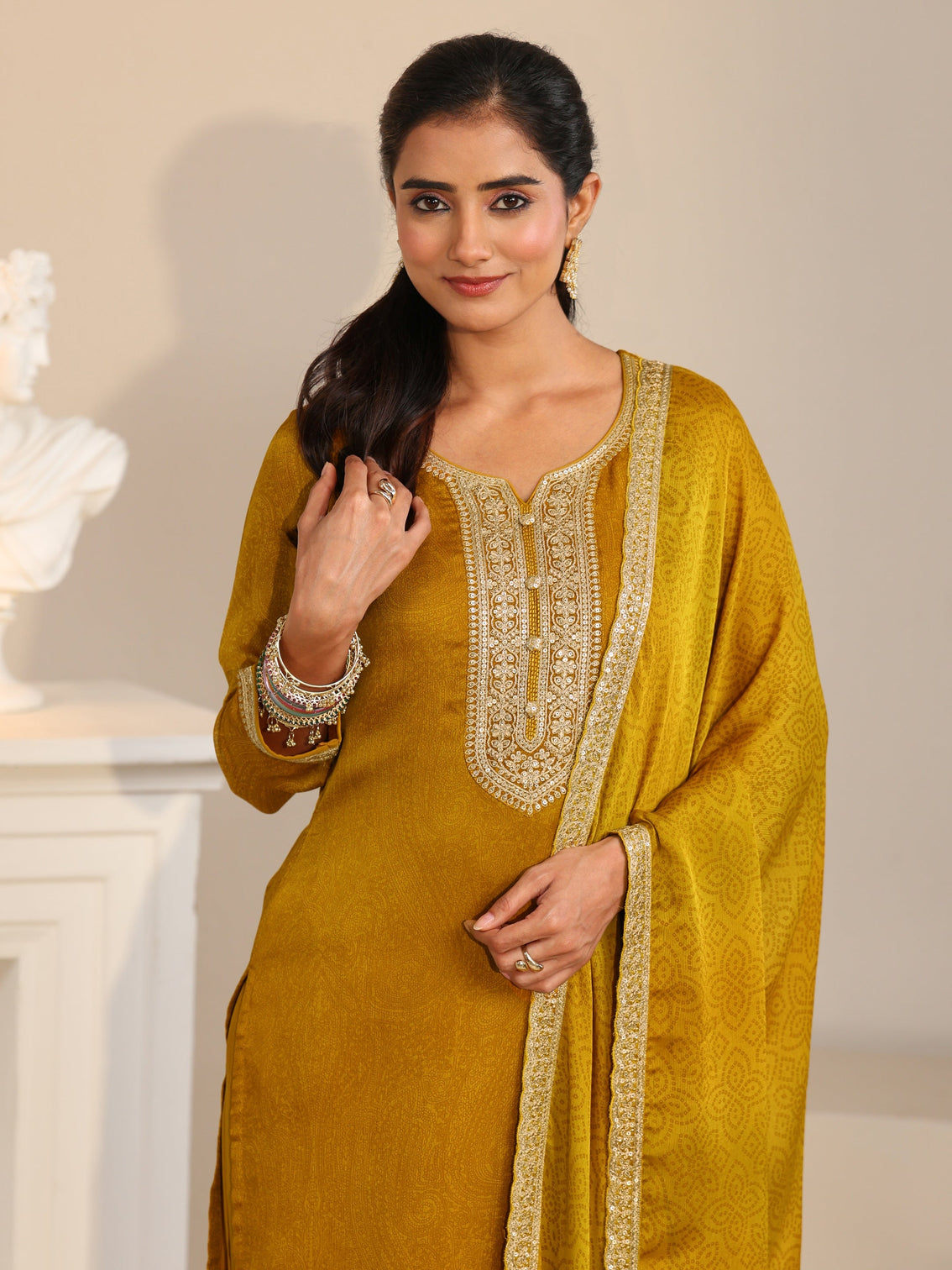 Mameraa Mustard Floral Embellished Chinon Straight Suit Set