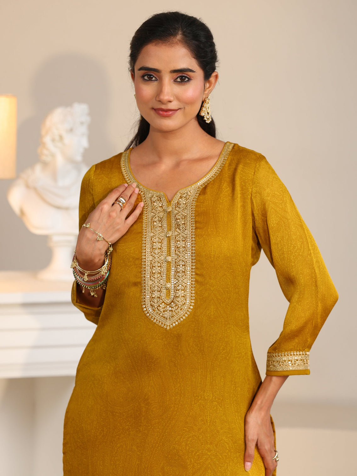 Mameraa Mustard Floral Embellished Chinon Straight Suit Set