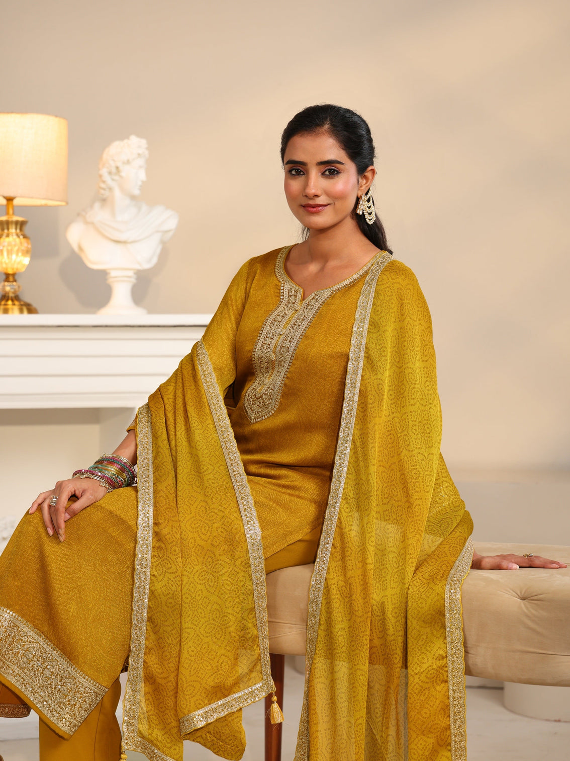 Mameraa Mustard Floral Embellished Chinon Straight Suit Set