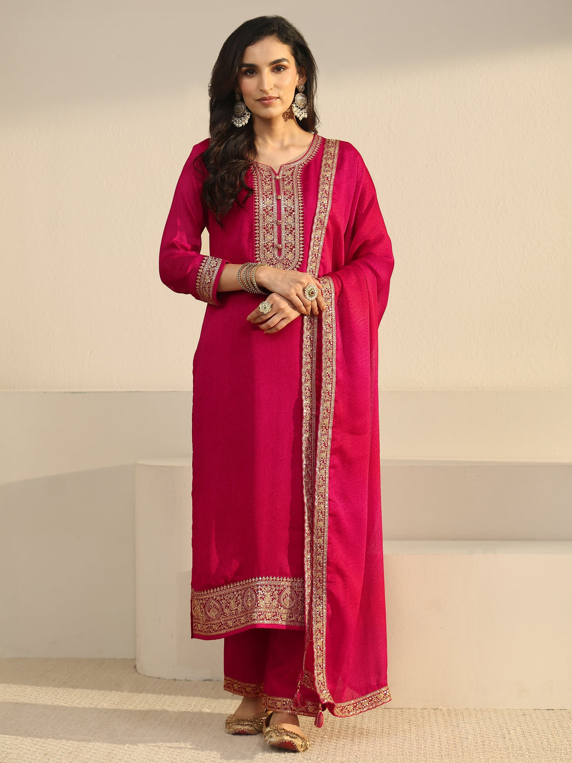 Mameraa Rani Pink Floral Embroidered Chinon Straight Suit Set