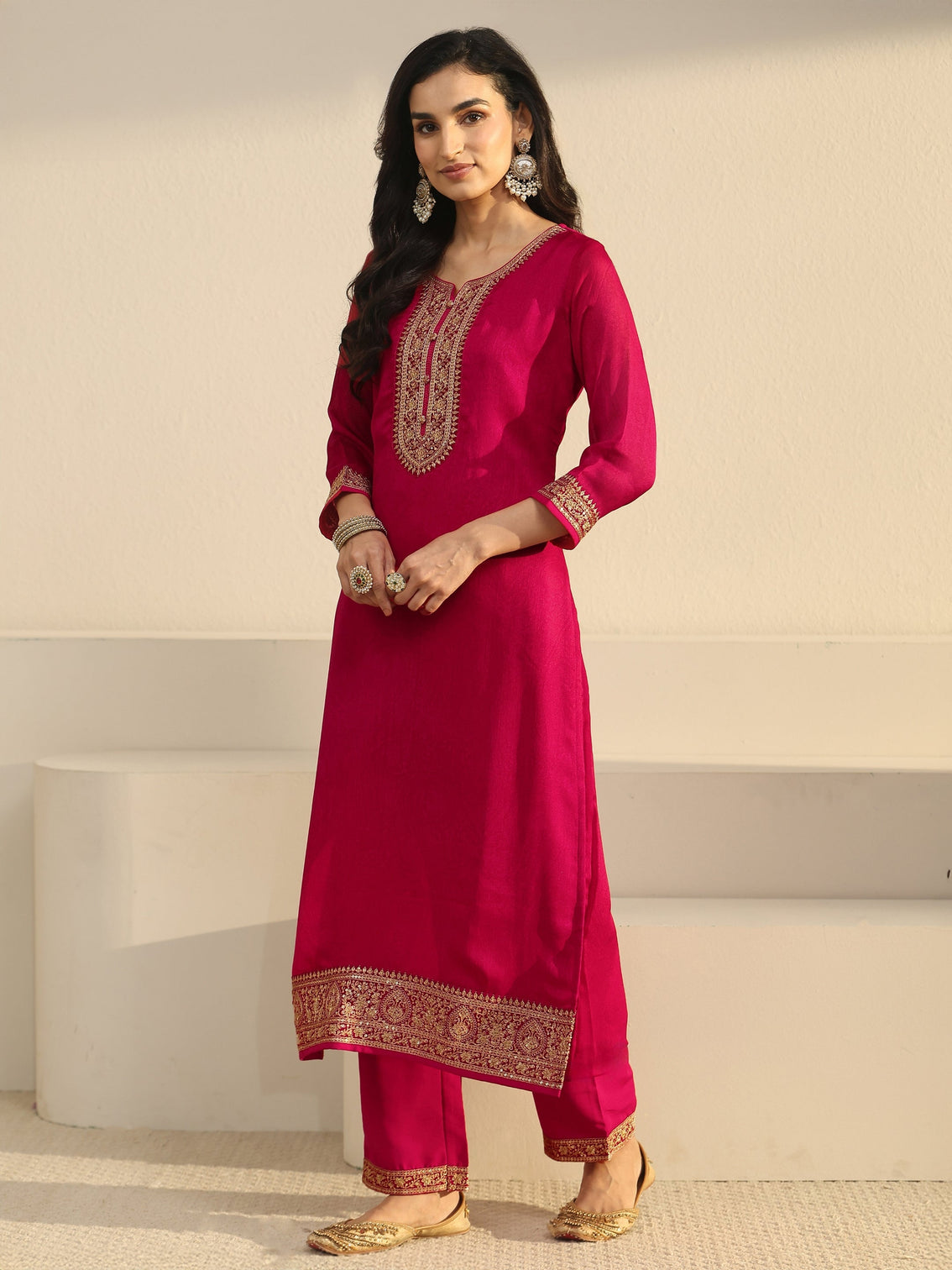 Mameraa Rani Pink Floral Embroidered Chinon Straight Suit Set