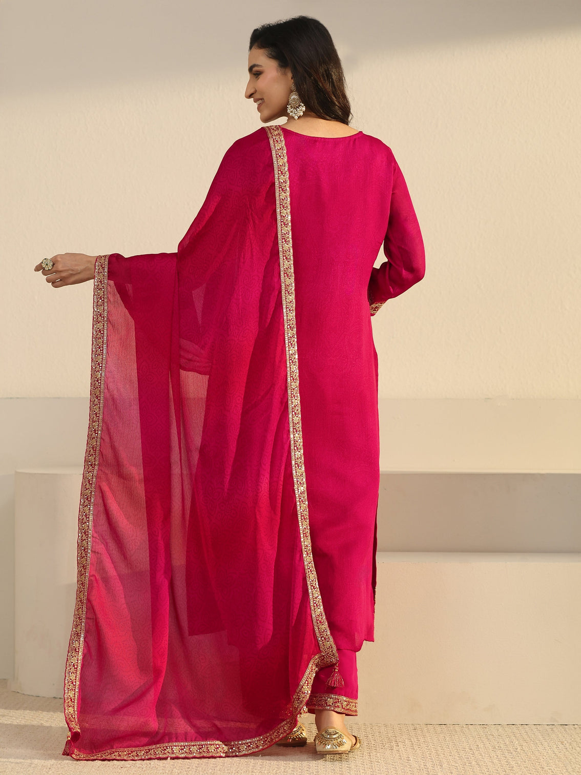 Mameraa Rani Pink Floral Embroidered Chinon Straight Suit Set
