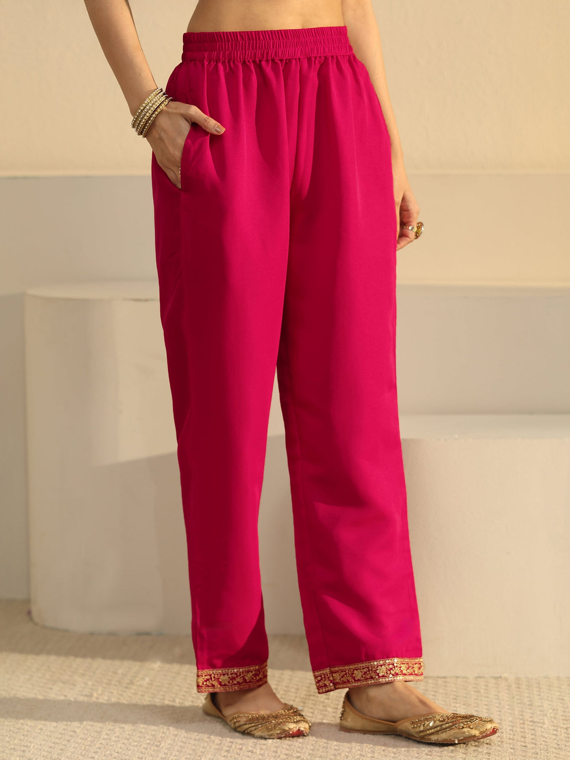 Mameraa Rani Pink Floral Embroidered Chinon Straight Suit Set