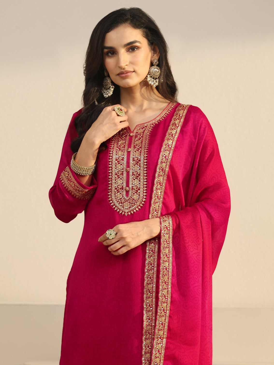 Mameraa Rani Pink Floral Embroidered Chinon Straight Suit Set
