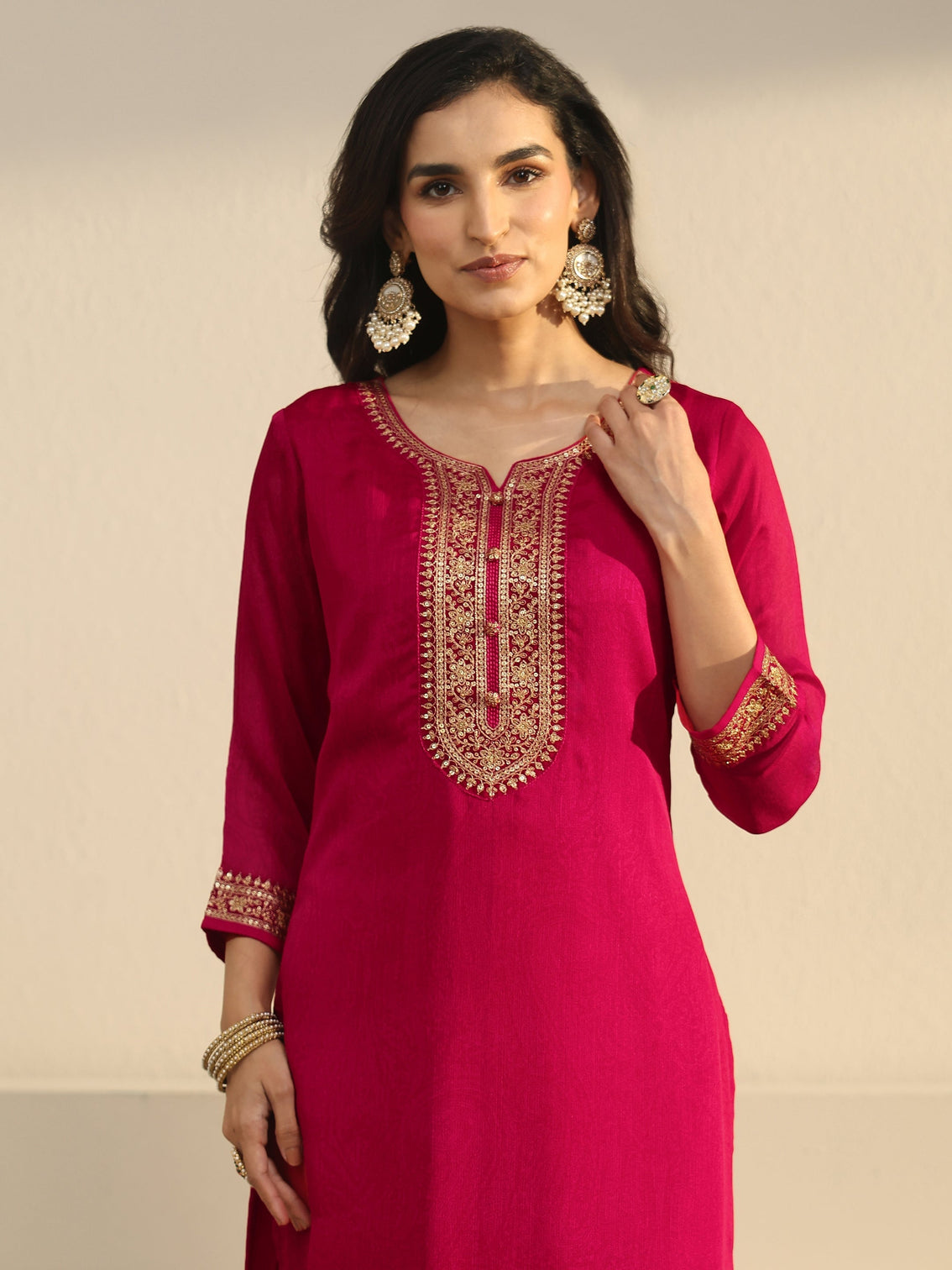 Mameraa Rani Pink Floral Embroidered Chinon Straight Suit Set
