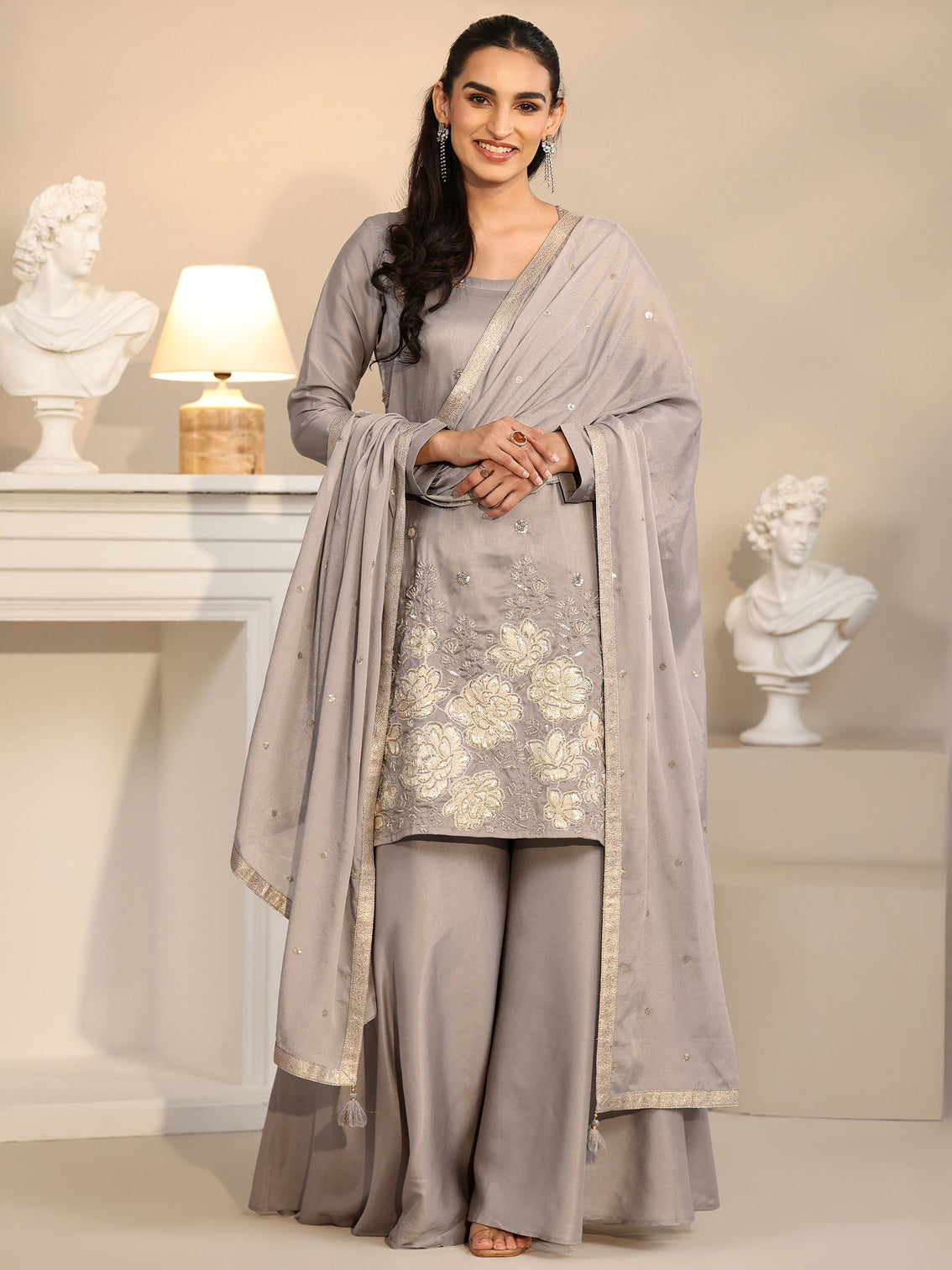 Mameraa Slate Grey Floral Embellished Silk Blend Palazzo Suit Set
