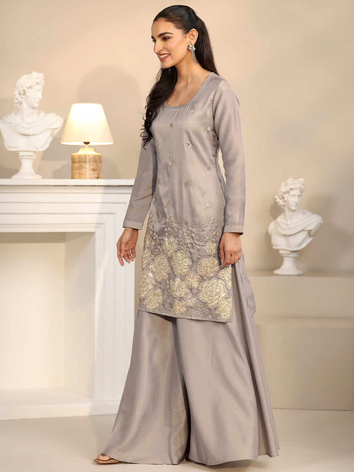Mameraa Slate Grey Floral Embellished Silk Blend Palazzo Suit Set