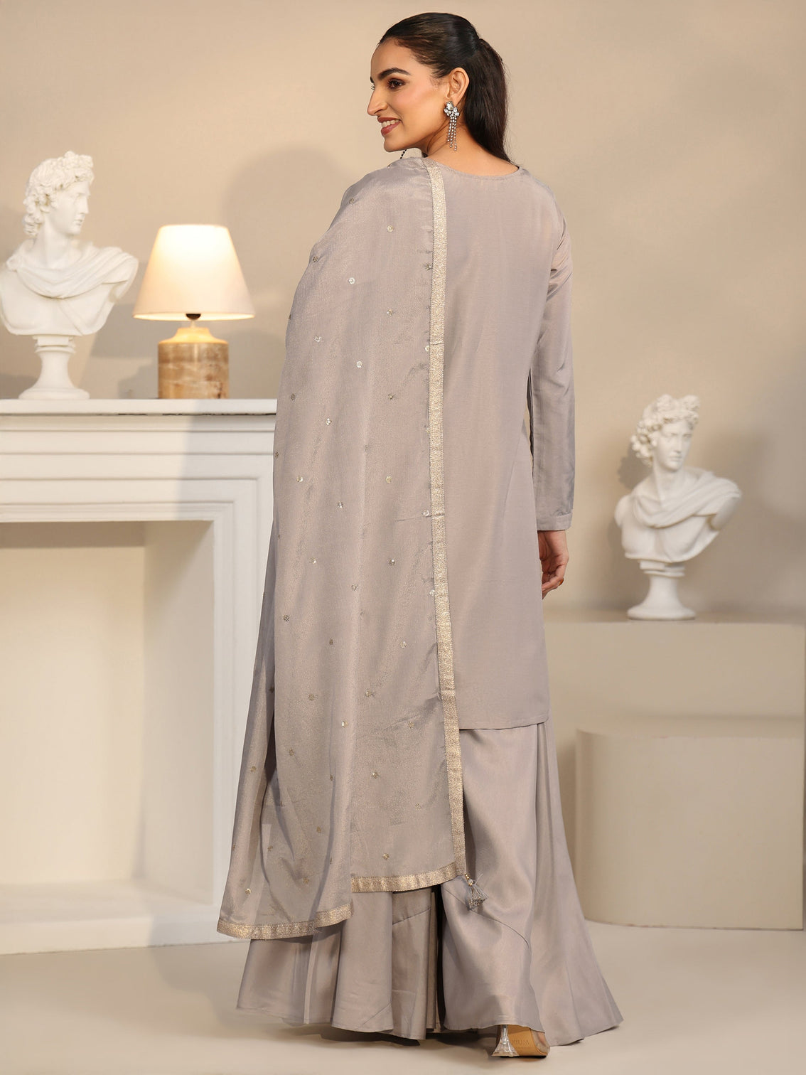 Mameraa Slate Grey Floral Embellished Silk Blend Palazzo Suit Set