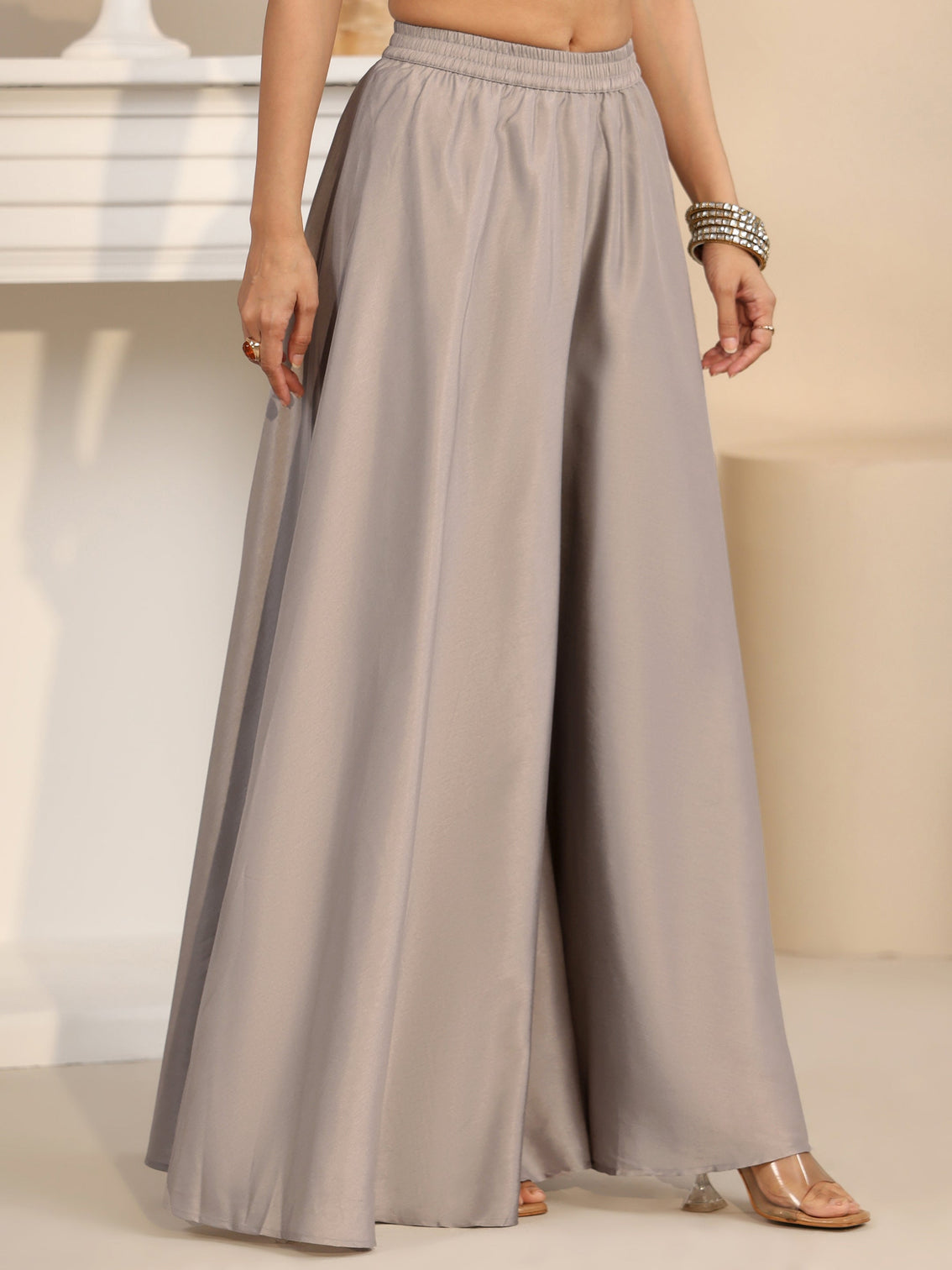 Mameraa Slate Grey Floral Embellished Silk Blend Palazzo Suit Set