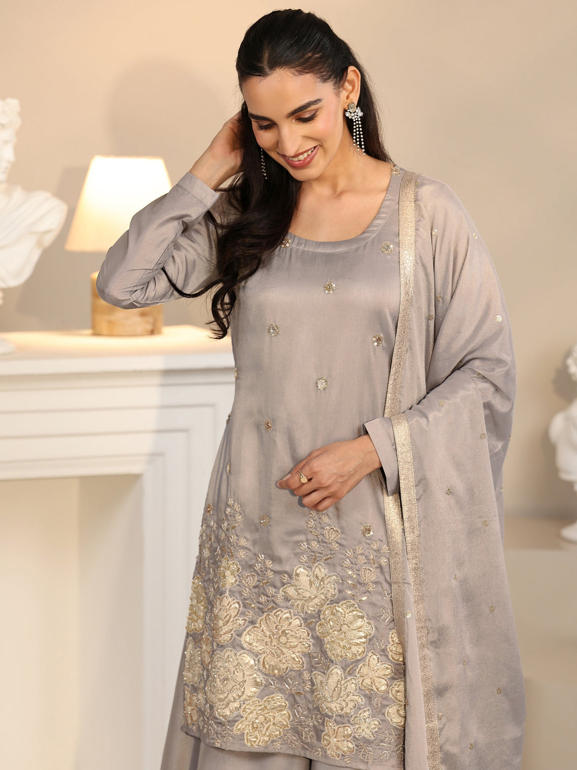 Mameraa Slate Grey Floral Embellished Silk Blend Palazzo Suit Set