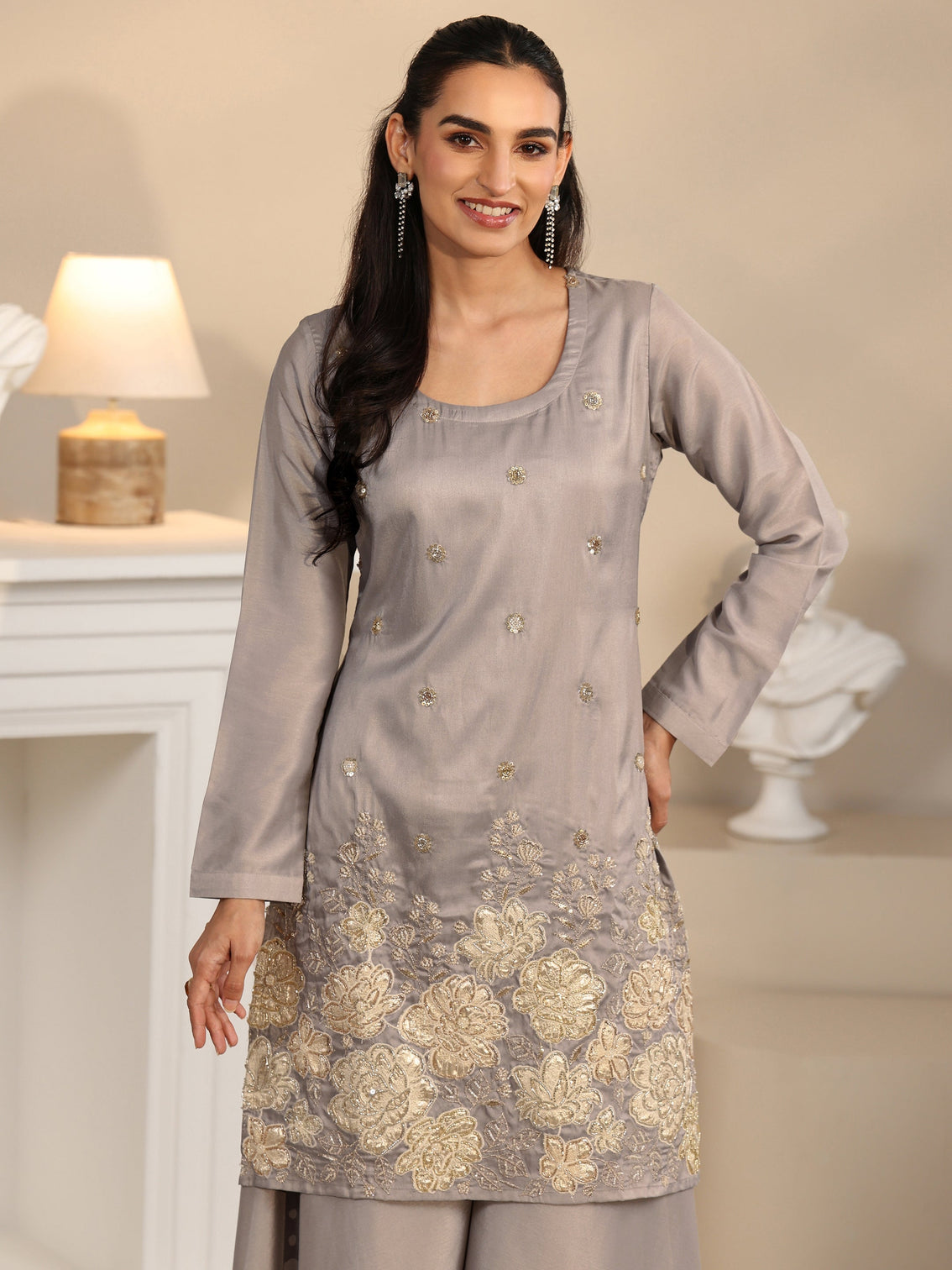 Mameraa Slate Grey Floral Embellished Silk Blend Palazzo Suit Set