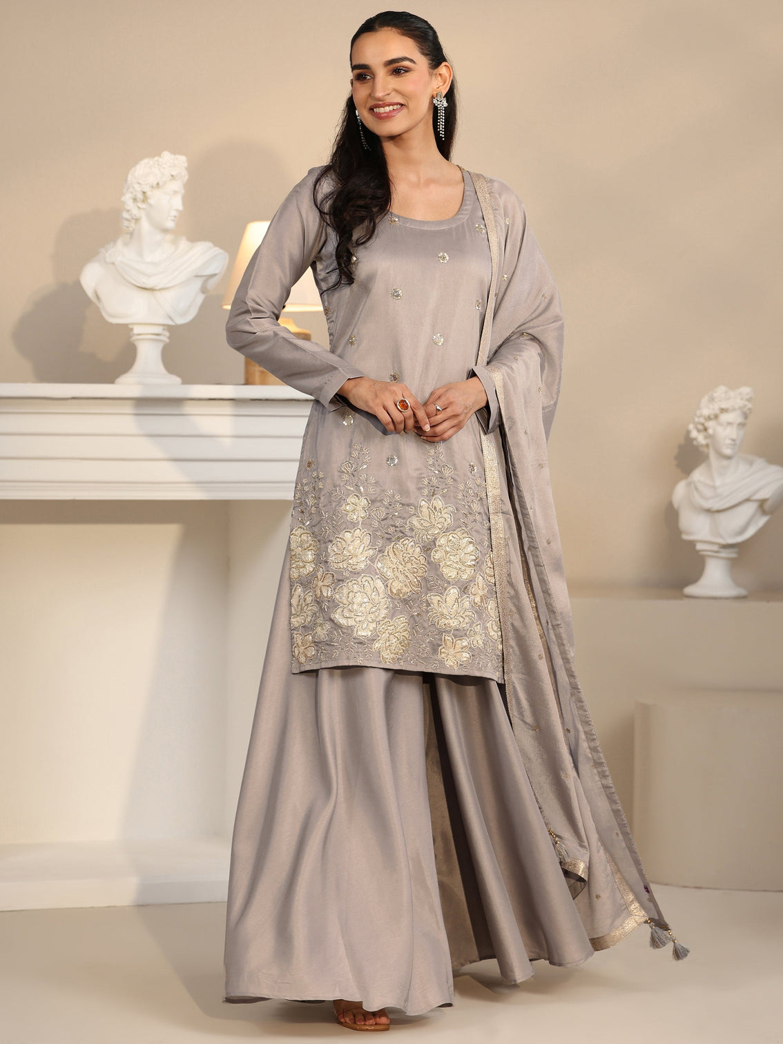 Mameraa Slate Grey Floral Embellished Silk Blend Palazzo Suit Set