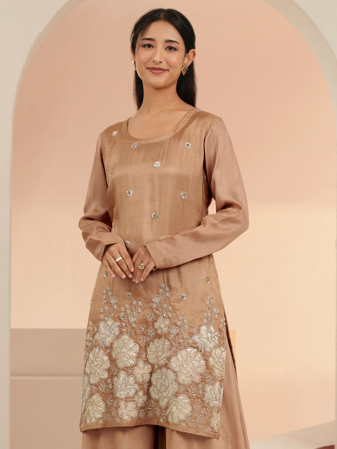 Mameraa Coffee Brown Floral Applique Silk Blend Straight Kurta Set