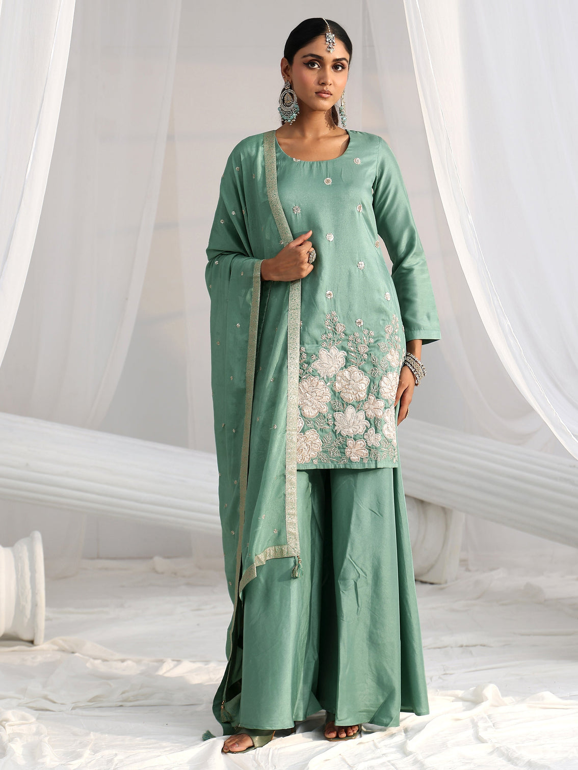 Mameraa Dusty Sea Green Floral Embellished Silk Blend Palazzo Suit Set