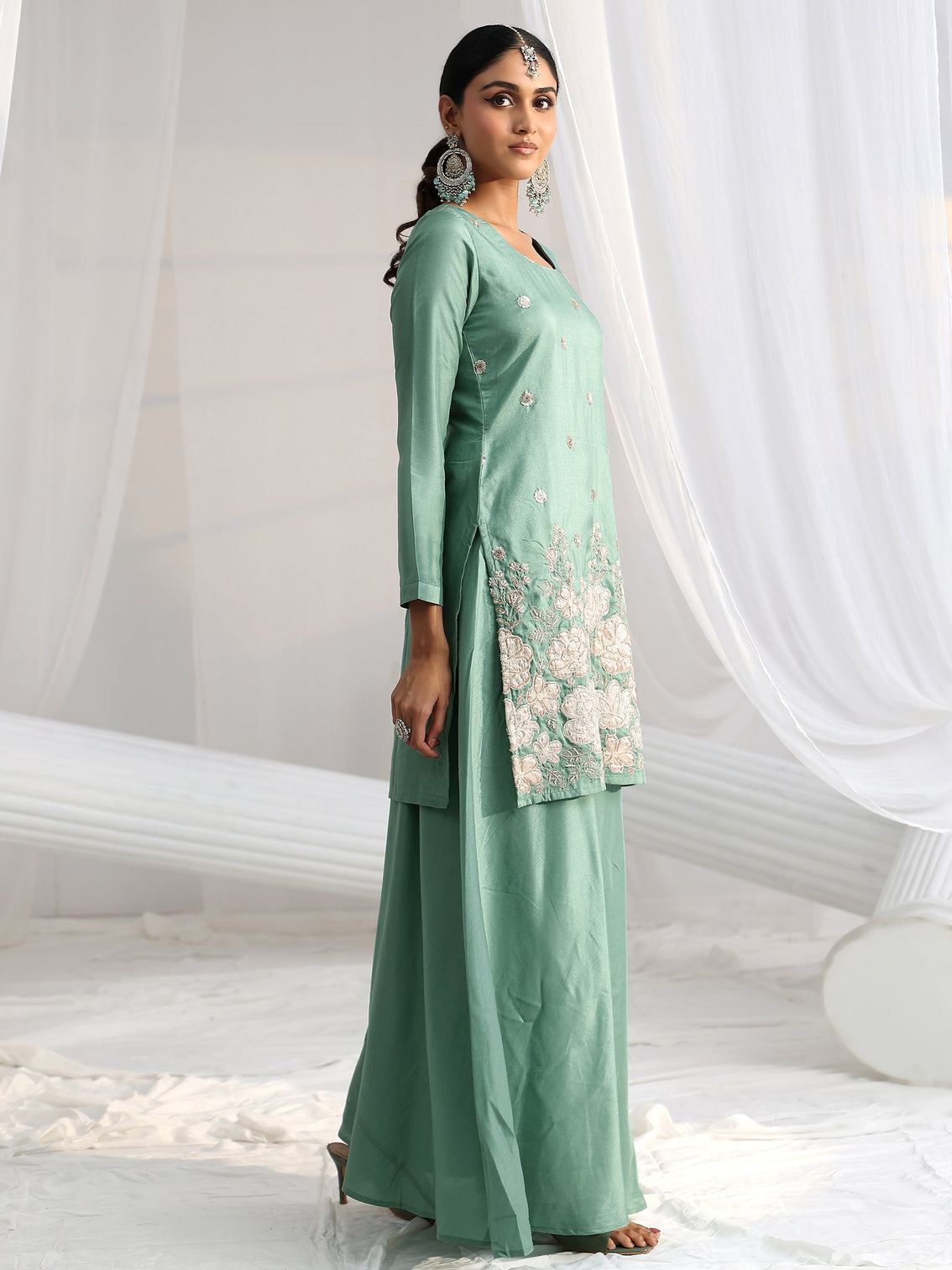 Mameraa Dusty Sea Green Floral Embellished Silk Blend Palazzo Suit Set
