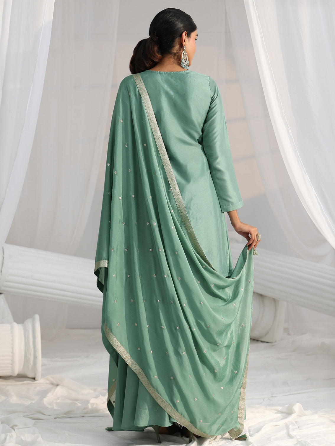 Mameraa Dusty Sea Green Floral Embellished Silk Blend Palazzo Suit Set