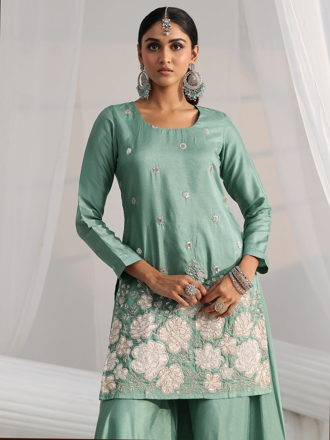 Mameraa Dusty Sea Green Floral Embellished Silk Blend Palazzo Suit Set