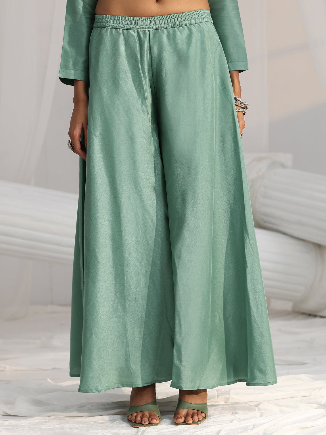 Mameraa Dusty Sea Green Floral Embellished Silk Blend Palazzo Suit Set