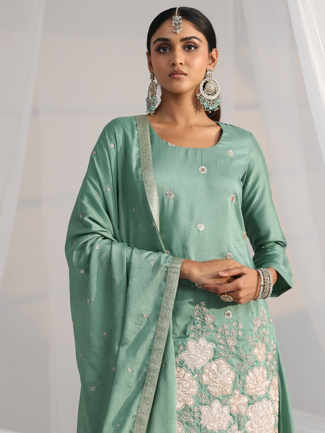 Mameraa Dusty Sea Green Floral Embellished Silk Blend Palazzo Suit Set
