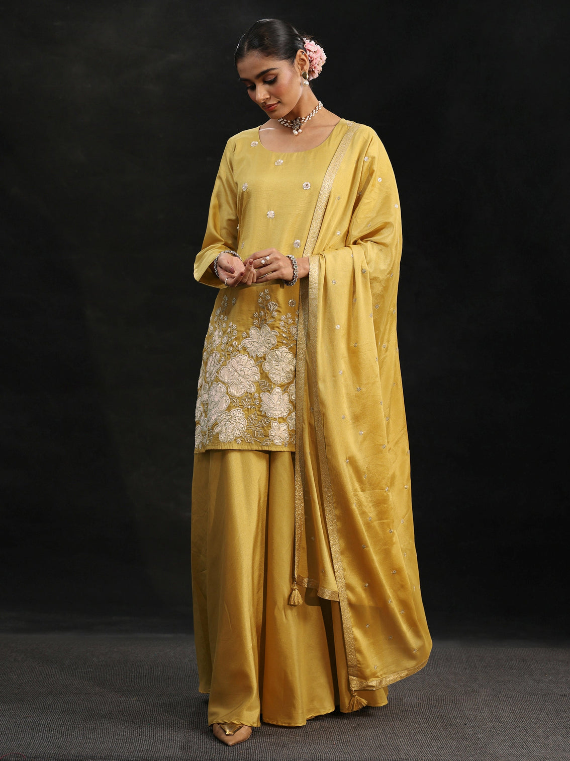 Mameraa Ojaswini Mustard Floral Embellished Silk Blend Palazzo Suit Set