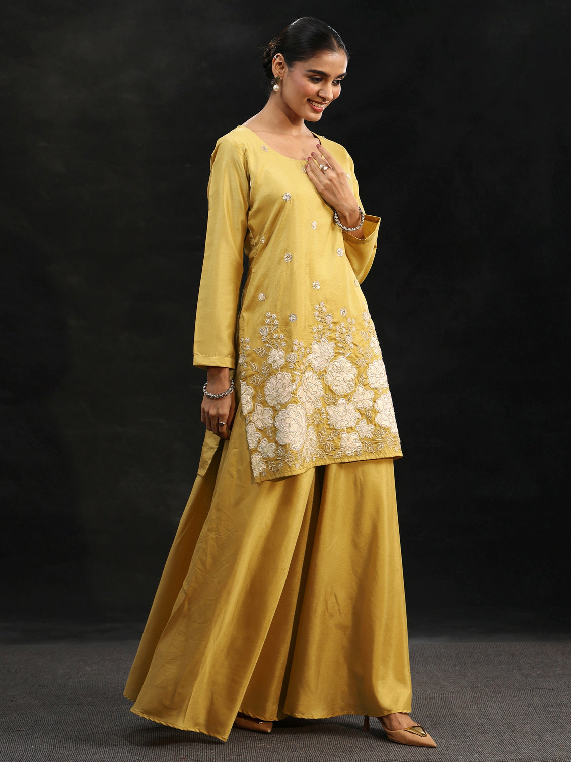 Mameraa Ojaswini Mustard Floral Embellished Silk Blend Palazzo Suit Set
